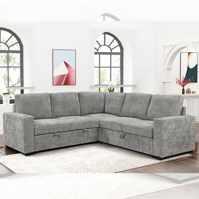 L-förmiges Schlafsofa mit ausziehbarem Bett und Sofa mit Stauraum und Getränkehaltern, grauer Stoff