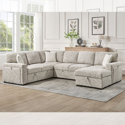 U-förmiges Schlafsofa mit ausziehbarem Bett und Tisch und Lagertisch Stuhl Wohnzimmer und Lagertisch Liebessitz und Becherhalter, beige Stoff