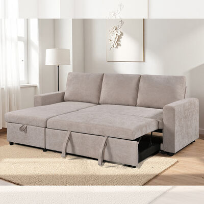 L-förmiges, umkehrbares Schlafsofa mit ausziehbarem Bett und Lagerraum, beige Stoff