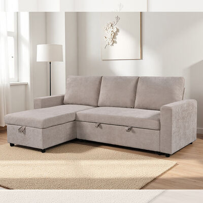 L-förmiges, umkehrbares Schlafsofa mit ausziehbarem Bett und Lagerraum, beige Stoff