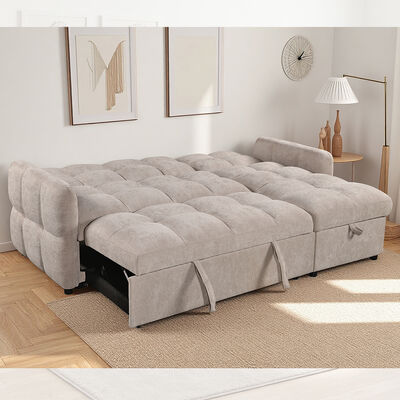 L-förmige Schlafsofa mit ausziehbarem Bett und verstellbarer Rückenlehne und Lagersessel, beige Stoff