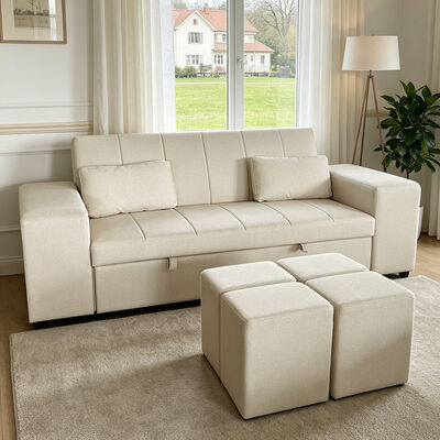 Queen-Size Cabrio-Schlafsofa-Bett, komfortables Ausziehbett mit verstellbarer Rückenlehne, Arm mit Ottomans, Beige Tech Leder