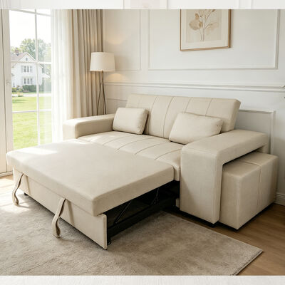 Queen-Size Cabrio-Schlafsofa-Bett, komfortables Ausziehbett mit verstellbarer Rückenlehne, Arm mit Ottomans, Beige Tech Leder