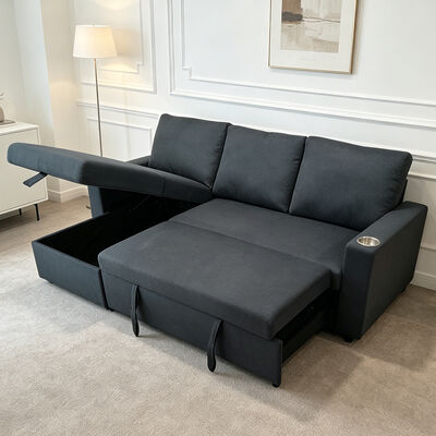 L-förmiges, umkehrbares Schlafsofa mit ausziehbarem Bett und Lagerraum, dunkelgraue Stoffe