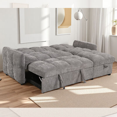L-förmige Schlafsofa mit ausziehbarem Bett und verstellbarer Rückenlehne und Lagersessel, aus grauem Stoff