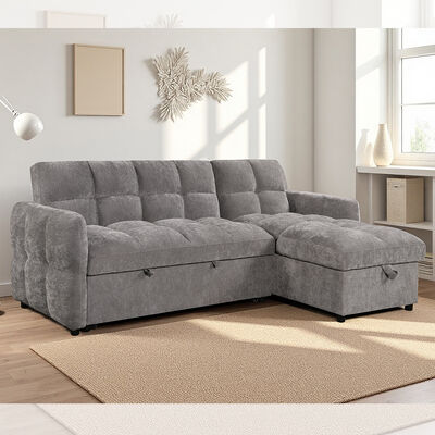 L-förmige Schlafsofa mit ausziehbarem Bett und verstellbarer Rückenlehne und Lagersessel, aus grauem Stoff