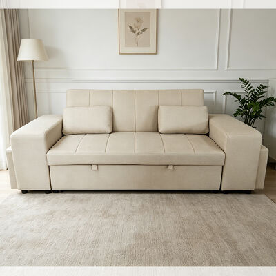 Queen-Size Cabrio-Schlafsofa-Bett, komfortables Ausziehbett mit verstellbarer Rückenlehne, Arm mit Ottomans, Beige Tech Leder