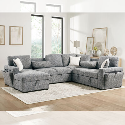 U-förmiges Schlafsofa mit ausziehbarem Bett und Tisch und Lagertisch Stuhl Wohnzimmer und Lagertisch Liebessitz und Becherhalter, Navy Stoff