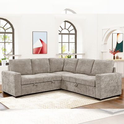 L-förmiges Schlafsofa mit ausziehbarem Bett und Sofa mit Stauraum und Getränkehaltern, Stoff in Taupe