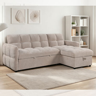 L-förmige Schlafsofa mit ausziehbarem Bett und verstellbarer Rückenlehne und Lagersessel, beige Stoff