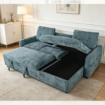 L-förmiges, umkehrbares Schlafsofa mit ausziehbarem Bett und Tisch und Lagerung, Nebelblau