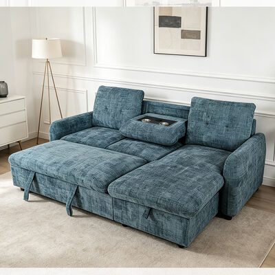 L-förmiges, umkehrbares Schlafsofa mit ausziehbarem Bett und Tisch und Lagerung, Nebelblau
