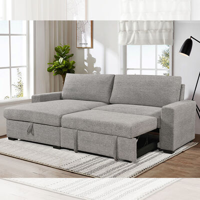 L-förmiges, umkehrbares Schlafsofa mit ausziehbarem Bett und Lagerraum, aus grauem Stoff