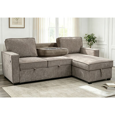 L-förmiges, umkehrbares Schlafsofa mit ausziehbarem Bett und Tisch und Lagerraum, hellbraun-grau Chenille