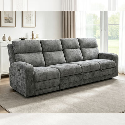 Großes Schlafsofa mit ausziehbarem Bett und elektrisch verstellbarem Sessel, metallgrauer Stoff