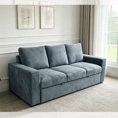 Futon Sofa Bett, Wanderschlafsofa Bett, komfortables ausziehbares Bett mit verstellbarer Rückenlehne, Arm mit versteckten Edelstahl-Taschenhaltern, blaues Gewebe