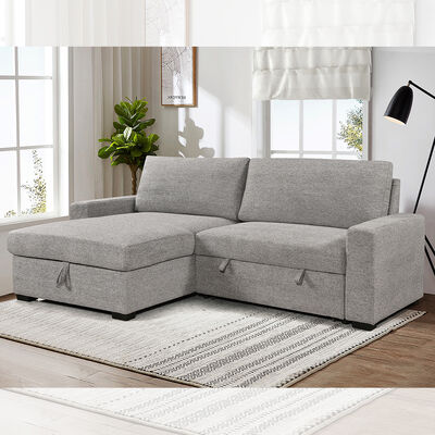 L-förmiges, umkehrbares Schlafsofa mit ausziehbarem Bett und Lagerraum, aus grauem Stoff