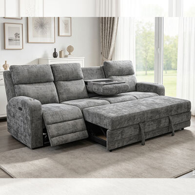 Großes Schlafsofa mit ausziehbarem Bett und elektrisch verstellbarem Sessel, metallgrauer Stoff