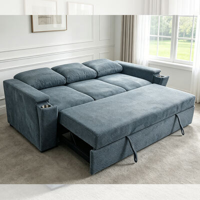Futon Sofa Bett, Wanderschlafsofa Bett, komfortables ausziehbares Bett mit verstellbarer Rückenlehne, Arm mit versteckten Edelstahl-Taschenhaltern, blaues Gewebe