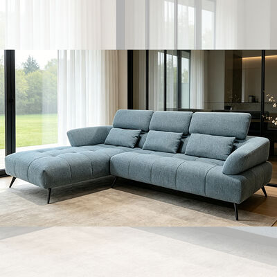 Sektionssofa mit verstellbarem Rücken und Kissen, aus blauem Stoff