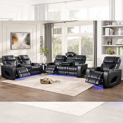 Sofa-Set mit Power-Kopfhäuschen und Dropdown-Tisch und Lautsprecher und Speicher und LED-Licht, Massage-Funktion, schwarzes Leder