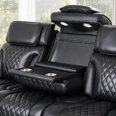 Sofa-Set mit Power-Kopfhäuschen und Dropdown-Tisch und Lautsprecher und Speicher und LED-Licht, Massage-Funktion, schwarzes Leder