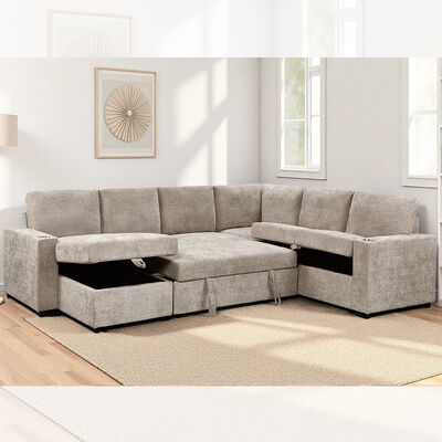 U-förmiges Schlafsofa mit ausziehbarem Bett und Stauraum, Chaiselongue und Stauraum, Sofa und Getränkehaltern, Stoff in Taupe
