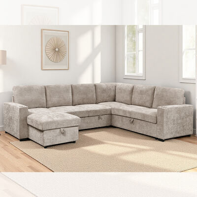 U-förmiges Schlafsofa mit ausziehbarem Bett und Stauraum, Chaiselongue und Stauraum, Sofa und Getränkehaltern, Stoff in Taupe