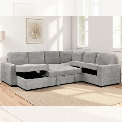 U-förmiges Schlafsofa mit ausziehbarem Bett und Lagerungssessel Wohnzimmer und Lagerung Sofa und Becherhalter, aus grauem Stoff
