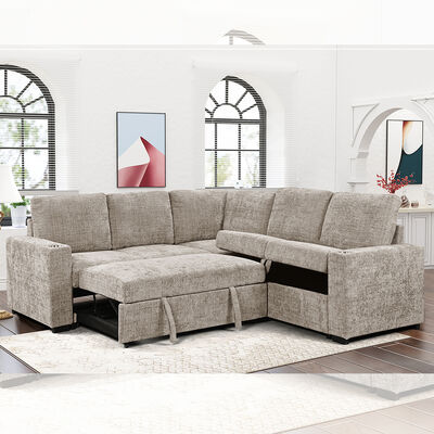 L-förmiges Schlafsofa mit ausziehbarem Bett und Sofa mit Stauraum und Getränkehaltern, Stoff in Taupe