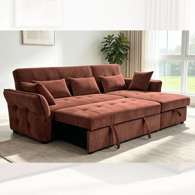 L-Shaped Reversible Sectional Sleeper Sofa with Pull-Out Bed and Storage, Wine Red Fabric