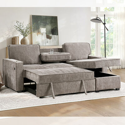 L-förmiges, umkehrbares Schlafsofa mit ausziehbarem Bett und Tisch und Lagerraum, hellbraun-grau Chenille