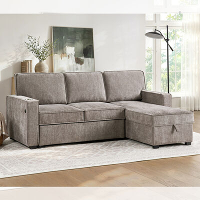L-förmiges, umkehrbares Schlafsofa mit ausziehbarem Bett und Tisch und Lagerraum, hellbraun-grau Chenille