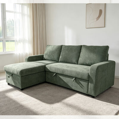 L-Shaped Reversible Sectional Sleeper Sofa with Pull-Out Bed and Storage, Green Fabric