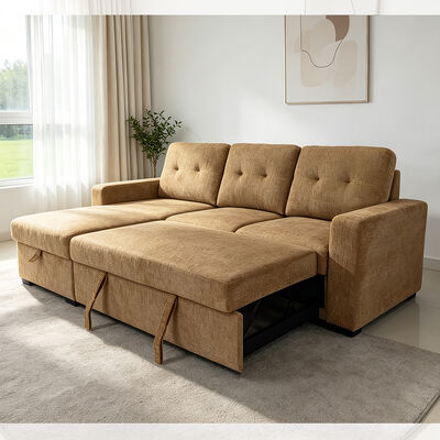 L-Shaped Reversible Sectional Sleeper Sofa with Pull-Out Bed and Storage, Earthy Yellow Fabric