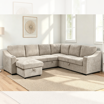 U-Shaped Sectional Sleeper Sofa with Pull Out Bed and Storage Chaise Lounge and Storage Sofa and Cup holders, Taupe Fabric