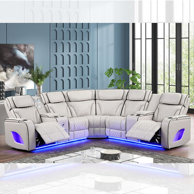 Elektrisches Ecksofa mit 2 elektrischen Liegesitzen und elektrischen Kopfstützen sowie Lautsprecher und Stauraum und LED-Beleuchtung, Massagefunktion, beige Kunstleder