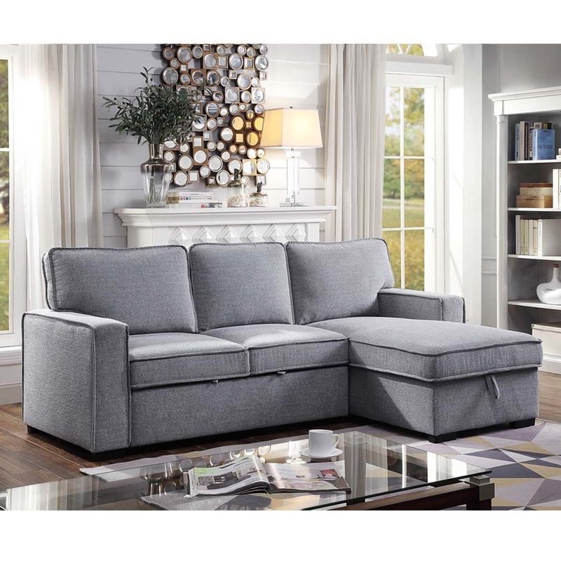 L-förmiges, umkehrbares Schlafsofa mit ausziehbarem Bett und Lagerraum, graue Chenille