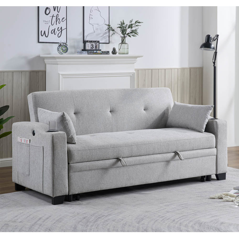Queen-Size Wandelschlafsofa-Bett, komfortables ausziehbares Bett mit verstellbarer Rückenlehne und USB-Ladestation und Taschenhalter, Futon-Sofa-Bett, graues Gewebe