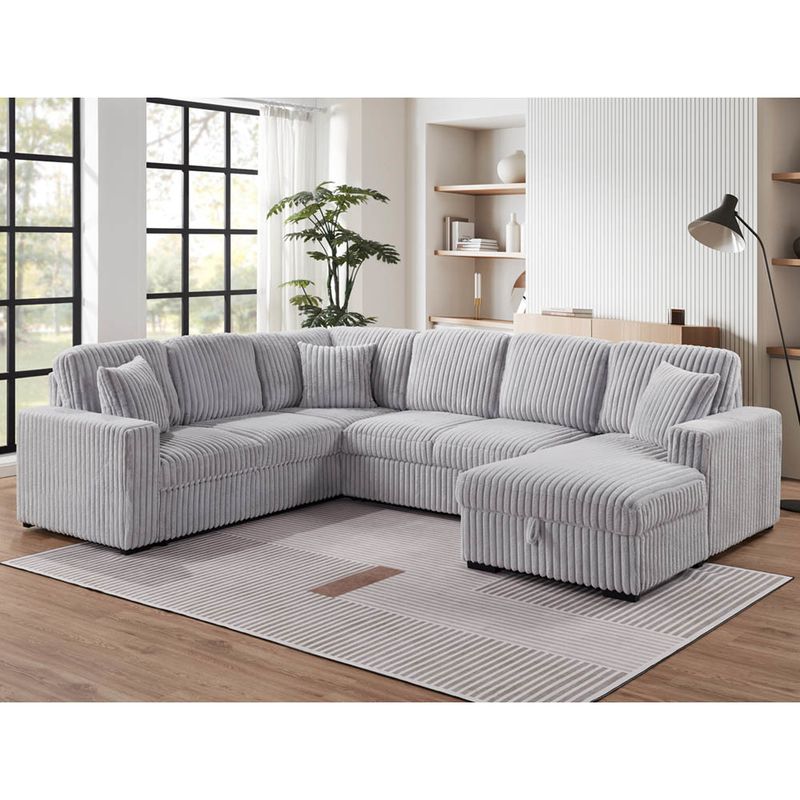 U-förmiges Schlafsofa mit ausziehbarem Bett und Lagersessel Lounge und USB-Ladestation, aus grauem Corduroy