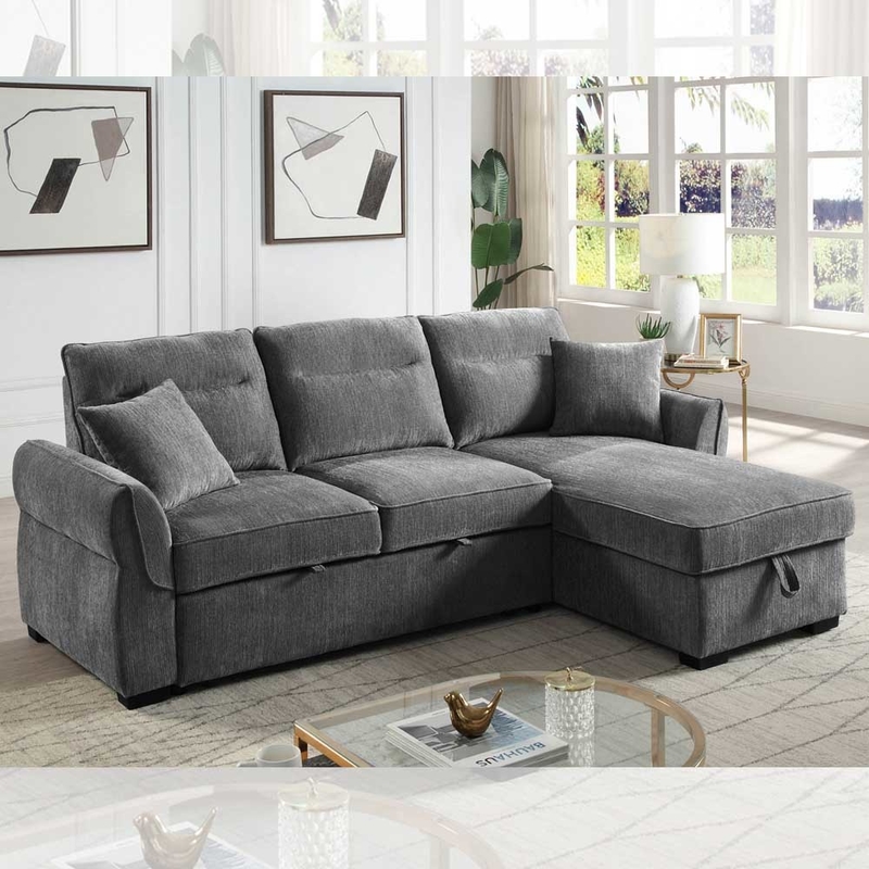 L-förmiges, umkehrbares Schlafsofa mit ausziehbarem Bett und Lagerraum, dunkelgraue Chenille