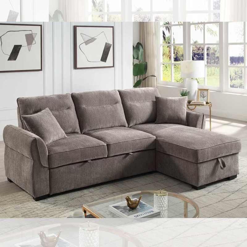 L-förmiges, umkehrbares Schlafsofa mit ausziehbarem Bett und Lagerraum, braune Chenille
