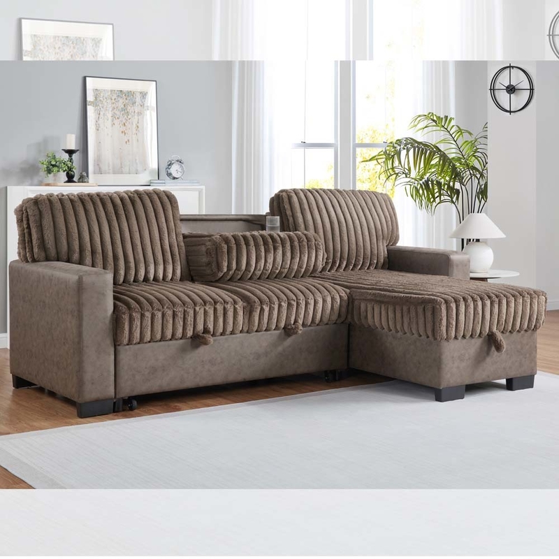 L-förmiges, umkehrbares Schlafsofa mit ausziehbarem Bett und Tisch und Lagertisch, braun und dunkelbraun