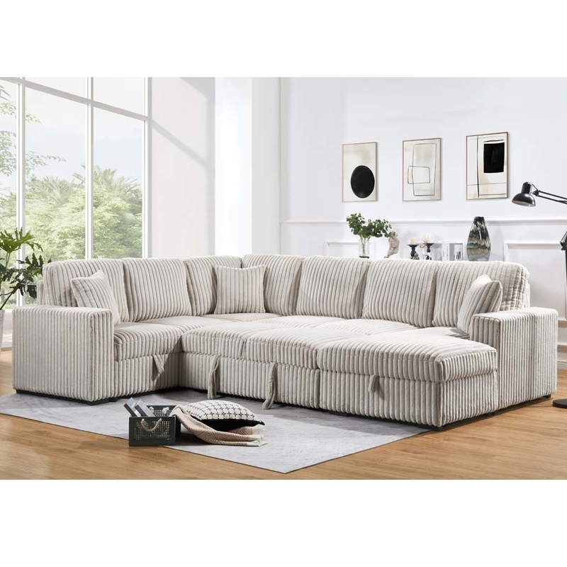 U-förmiges Schlafsofa mit ausziehbarem Bett und Lagerungssessel Wohnzimmer und Lagerung Liebessitz und USB-Ladeanschluss, Khaki Corduroy Stoff