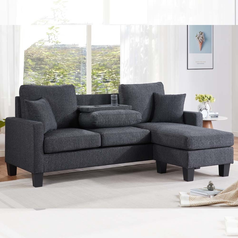 L-förmige Sektionssofa mit Tisch und Rückstellstuhl und 2 Kissen, dunkelgraue Chenille
