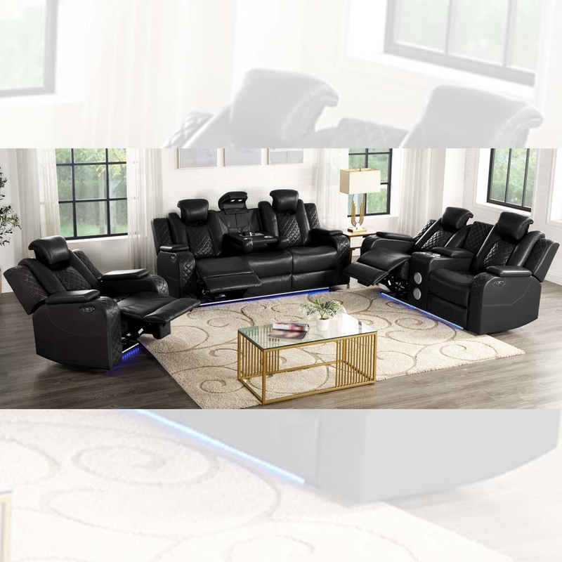Power Recliner-Sofa-Set mit Power Recliner-Sitzen und Power-Kopfhüllen und Dropdown-Tisch und Bluetooth-Audio-Lautsprecher und Speicherbox und Speicherarme und LED-Licht, schwarz Atmung Leatherette