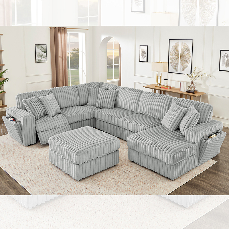 Sofa mit verstecktem Becherhalter und drahtlosem Ladegerät, aus grauem Corduroy