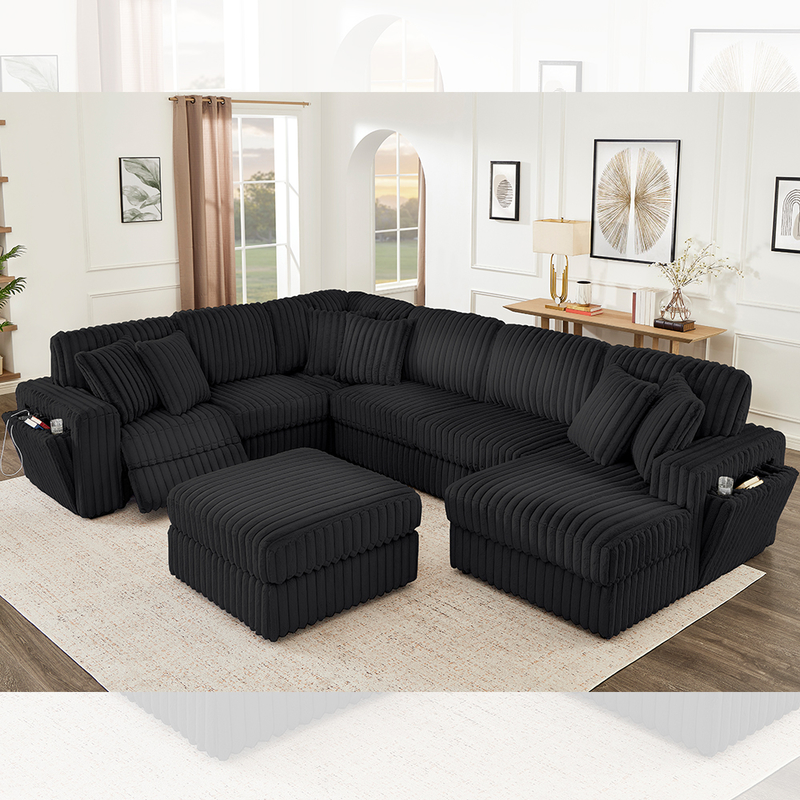 Liegesofa-Set mit verstecktem Getränkehalter und kabellosem Ladegerät, schwarzer Cordstoff