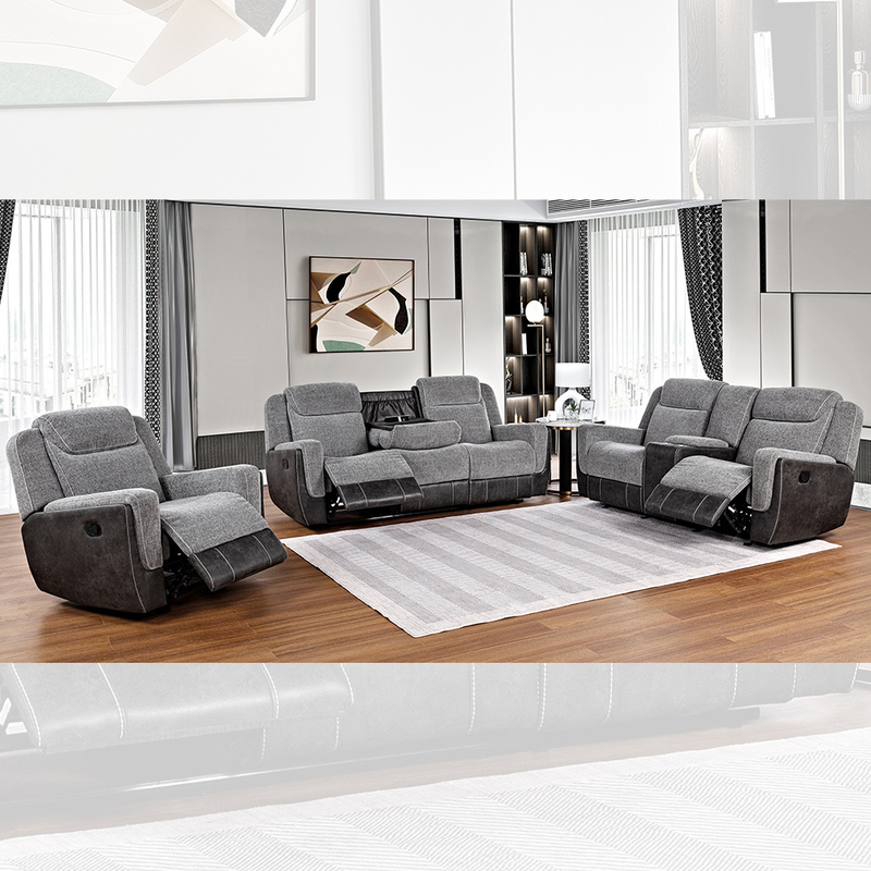 Liegestell-Sofa-Set mit Dropdown-Tisch und Lagerraum, hellgrau & grau Stoff
