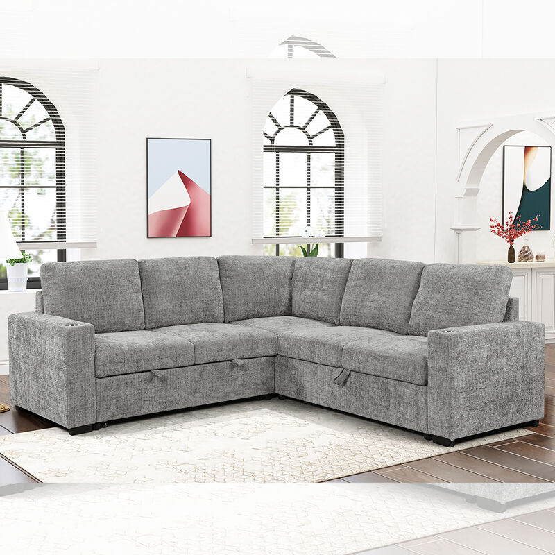 L-förmiges Schlafsofa mit ausziehbarem Bett und Sofa mit Stauraum und Getränkehaltern, grauer Stoff